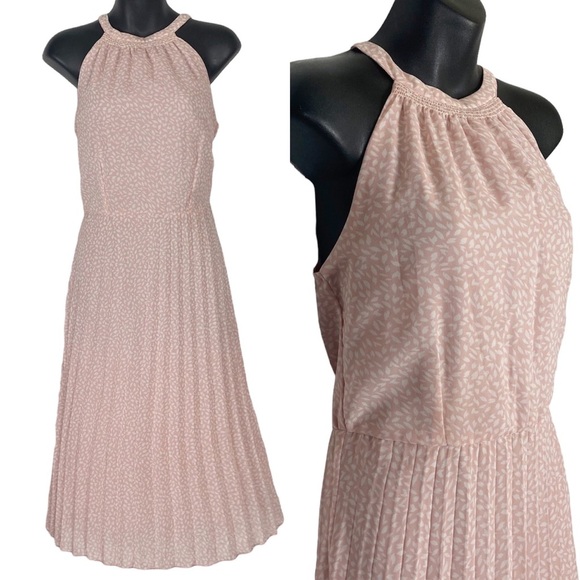 JAPNA Halter Style Fit and Flare Pleated Midi Dress Medium Pink White Vine Print - Picture 1 of 10